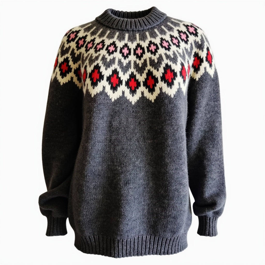 Hand-knitted dark marengo oversized unisex chunky knit Scandinavian sweater Lopapeysa Fair Isle with a cream, red and pink Nordic round yoke, featuring a double collar, ribbed hem, and cuffs in marengo, made from soft hypoallergenic baby alpaca and extrafine merino wool.