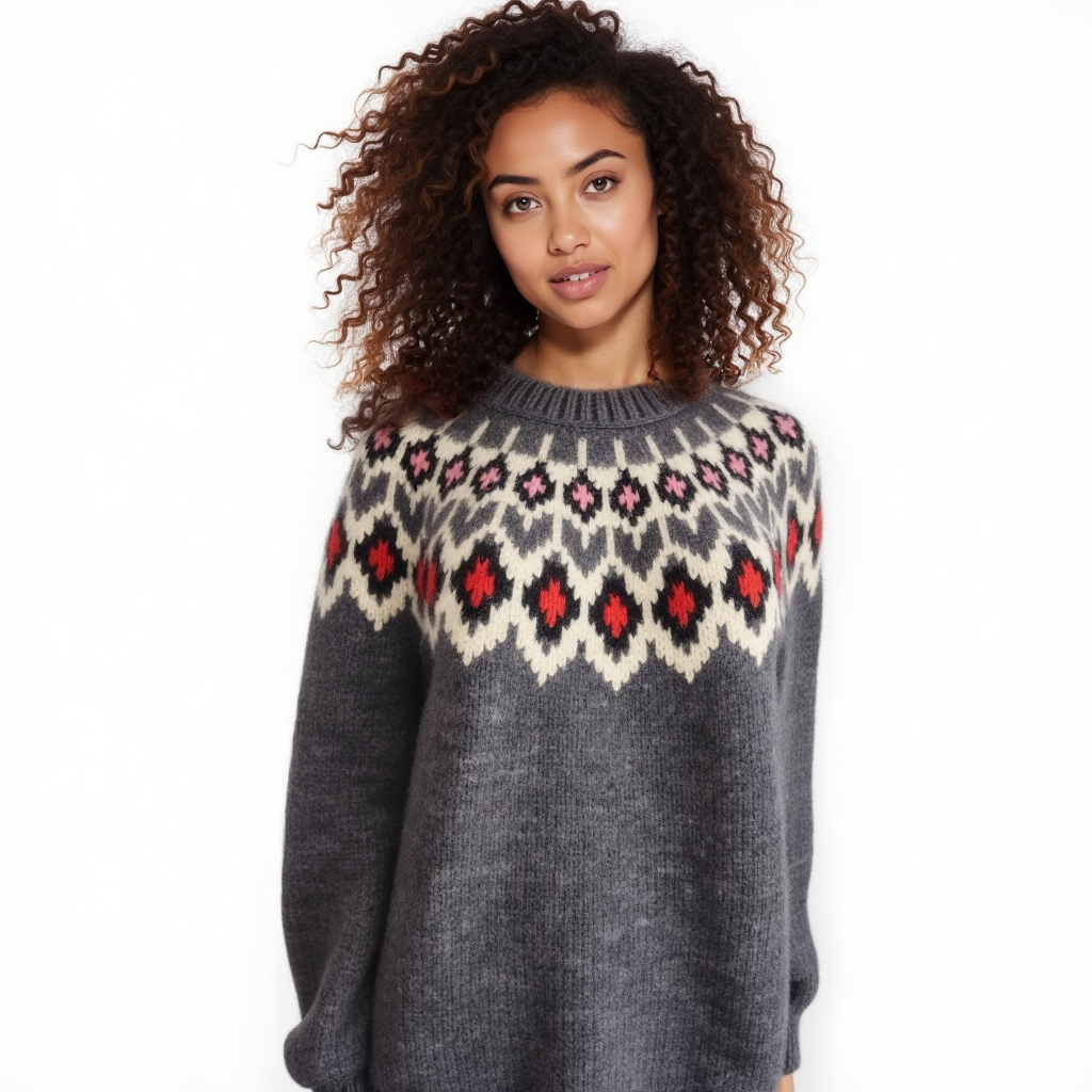 Hand-knitted dark marengo oversized unisex chunky knit Scandinavian sweater Lopapeysa Fair Isle with a cream, red and pink Nordic round yoke, featuring a double collar, ribbed hem, and cuffs in marengo, made from soft hypoallergenic baby alpaca and extrafine merino wool.