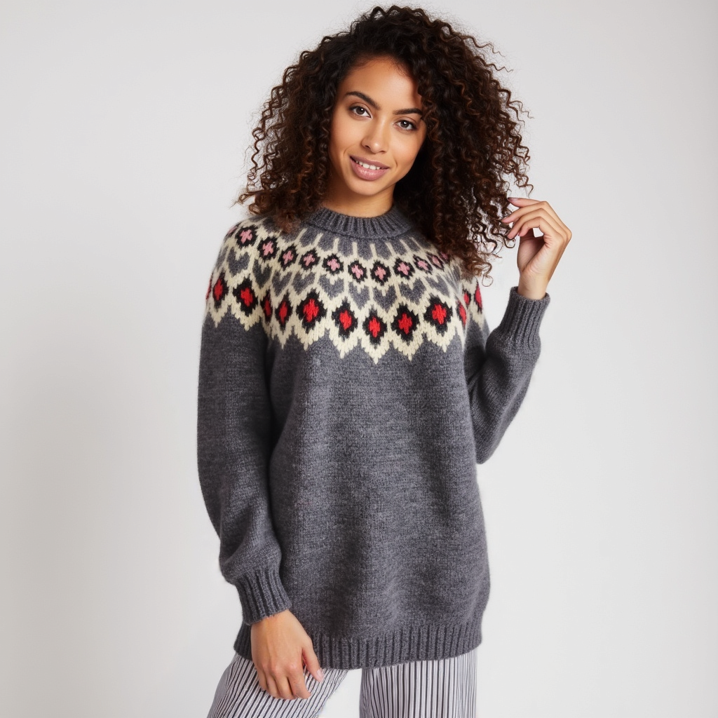 Hand-knitted dark marengo oversized unisex chunky knit Scandinavian sweater Lopapeysa Fair Isle with a cream, red and pink Nordic round yoke, featuring a double collar, ribbed hem, and cuffs in marengo, made from soft hypoallergenic baby alpaca and extrafine merino wool.
