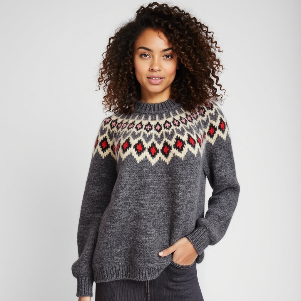 Hand-knitted dark marengo oversized unisex chunky knit Scandinavian sweater Lopapeysa Fair Isle with a cream, red and pink Nordic round yoke, featuring a double collar, ribbed hem, and cuffs in marengo, made from soft hypoallergenic baby alpaca and extrafine merino wool.
