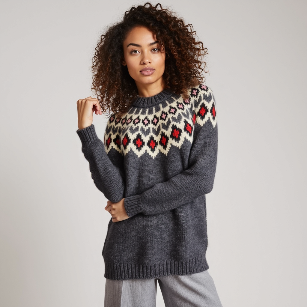 Hand-knitted dark marengo oversized unisex chunky knit Scandinavian sweater Lopapeysa Fair Isle with a cream, red and pink Nordic round yoke, featuring a double collar, ribbed hem, and cuffs in marengo, made from soft hypoallergenic baby alpaca and extrafine merino wool.
