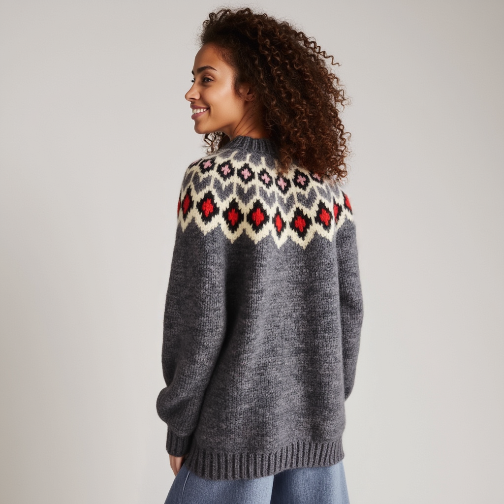 Hand-knitted dark marengo oversized unisex chunky knit Scandinavian sweater Lopapeysa Fair Isle with a cream, red and pink Nordic round yoke, featuring a double collar, ribbed hem, and cuffs in marengo, made from soft hypoallergenic baby alpaca and extrafine merino wool.