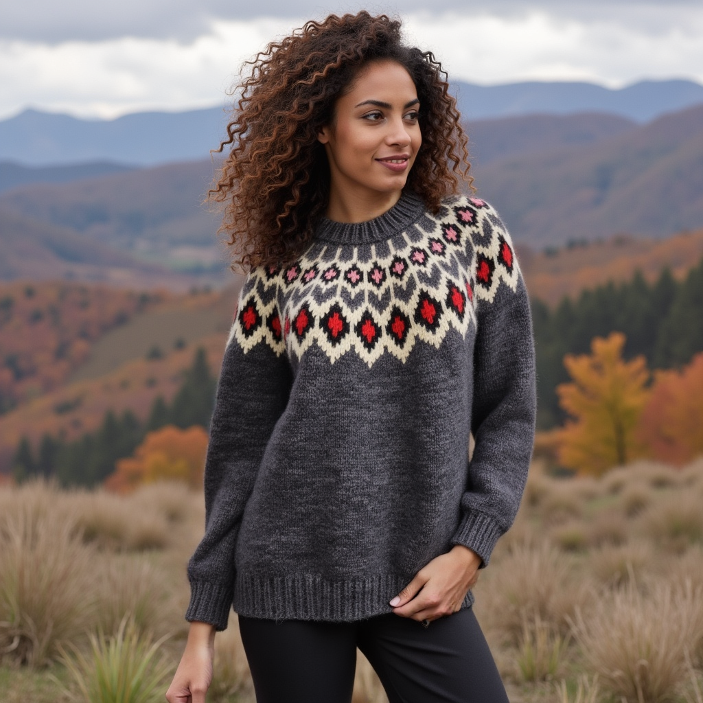 Hand-knitted dark marengo oversized unisex chunky knit Scandinavian sweater Lopapeysa Fair Isle with a cream, red and pink Nordic round yoke, featuring a double collar, ribbed hem, and cuffs in marengo, made from soft hypoallergenic baby alpaca and extrafine merino wool.