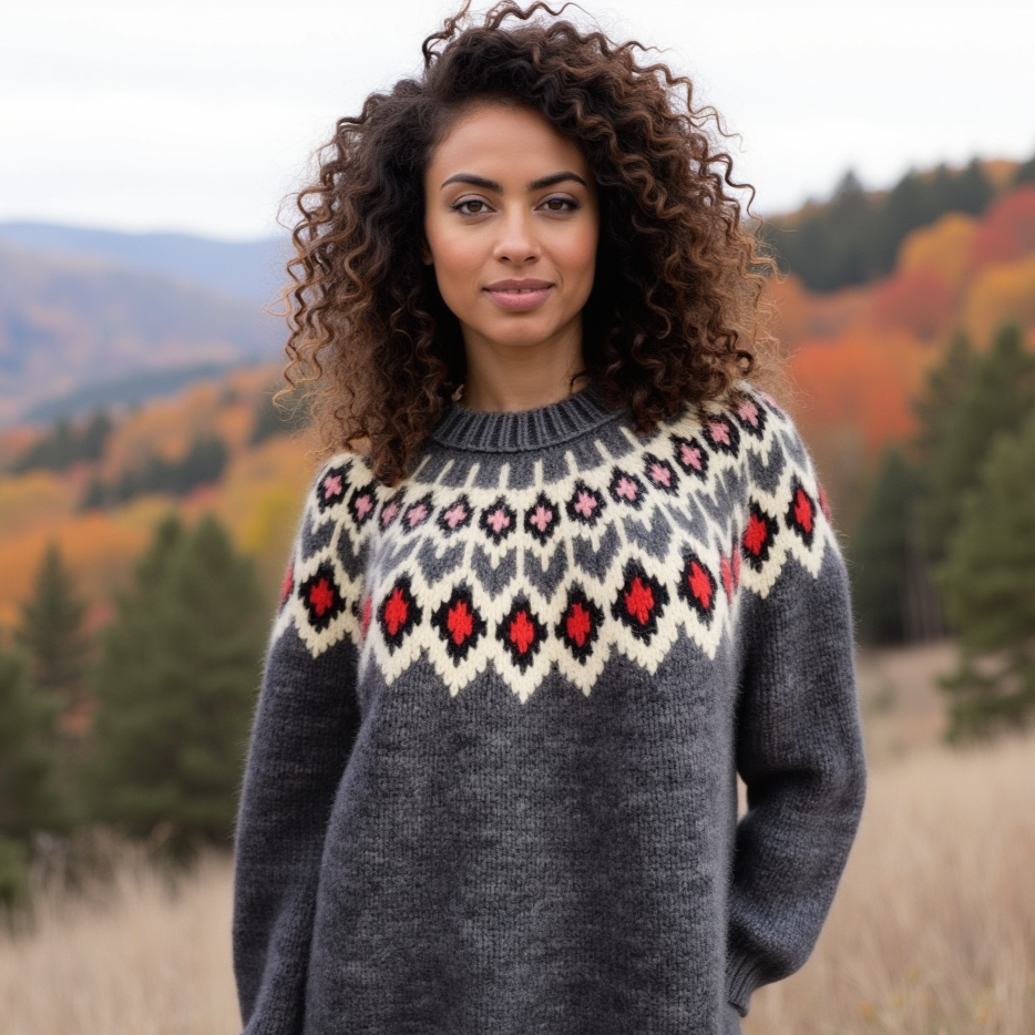 Hand-knitted dark marengo oversized unisex chunky knit Scandinavian sweater Lopapeysa Fair Isle with a cream, red and pink Nordic round yoke, featuring a double collar, ribbed hem, and cuffs in marengo, made from soft hypoallergenic baby alpaca and extrafine merino wool.