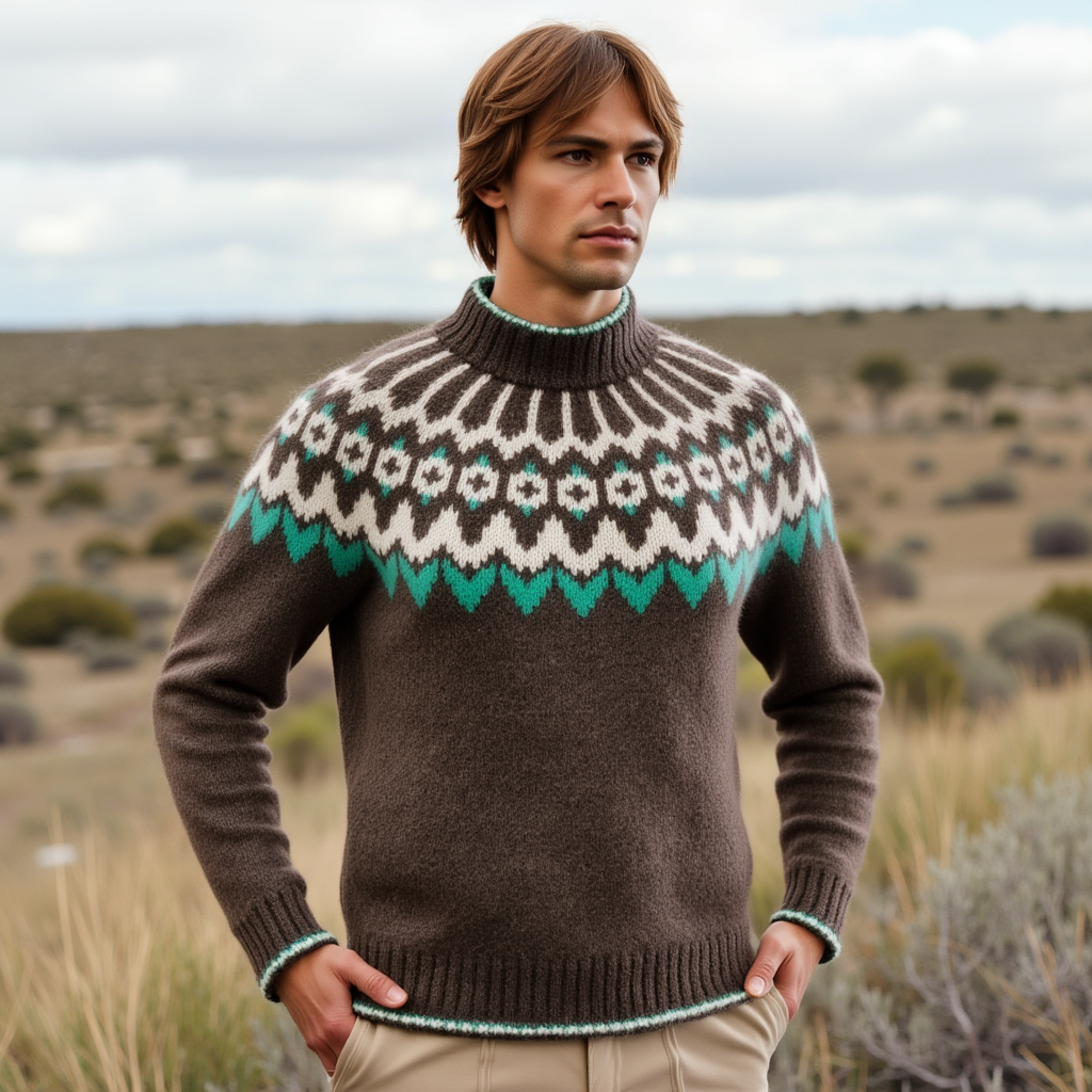 Hand-knitted gray-brown unisex Scandinavian Lopapeysa sweater with a thick-knit white and teal green Nordic round yoke, featuring a double mock collar, cuffs, and hem with a two-tone white-teal knitted cord, made from soft hypoallergenic baby alpaca and merino wool.