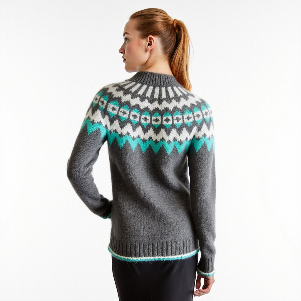 Hand-knitted gray unisex Scandinavian Lopapeysa sweater with a thick-knit white and teal green Nordic round yoke, featuring a double mock collar, cuffs, and hem with a two-tone white-teal knitted cord, made from soft hypoallergenic baby alpaca and merino wool.
