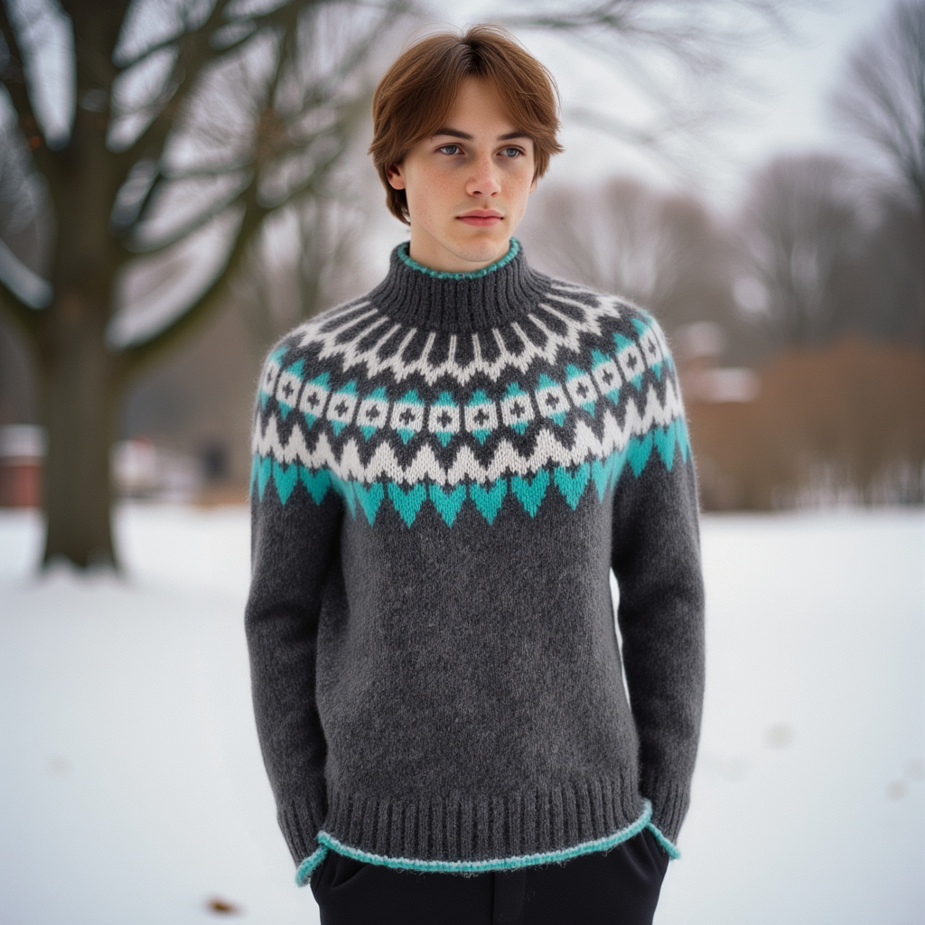 Hand-knitted gray unisex Scandinavian Lopapeysa sweater with a thick-knit white and teal green Nordic round yoke, featuring a double mock collar, cuffs, and hem with a two-tone white-teal knitted cord, made from soft hypoallergenic baby alpaca and merino wool.