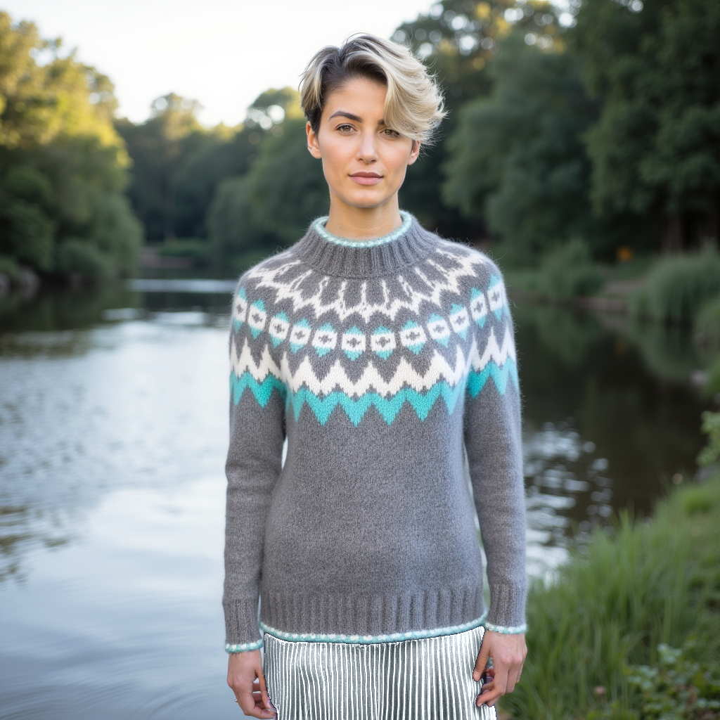 Hand-knitted gray unisex Scandinavian Lopapeysa sweater with a thick-knit white and teal green Nordic round yoke, featuring a double mock collar, cuffs, and hem with a two-tone white-teal knitted cord, made from soft hypoallergenic baby alpaca and merino wool.