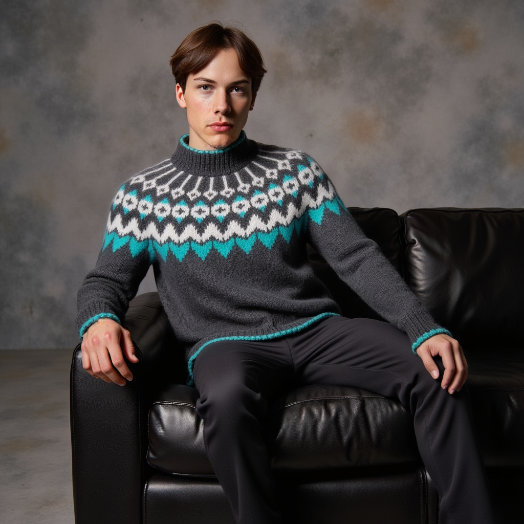 Hand-knitted gray unisex Scandinavian Lopapeysa sweater with a thick-knit white and teal green Nordic round yoke, featuring a double mock collar, cuffs, and hem with a two-tone white-teal knitted cord, made from soft hypoallergenic baby alpaca and merino wool.