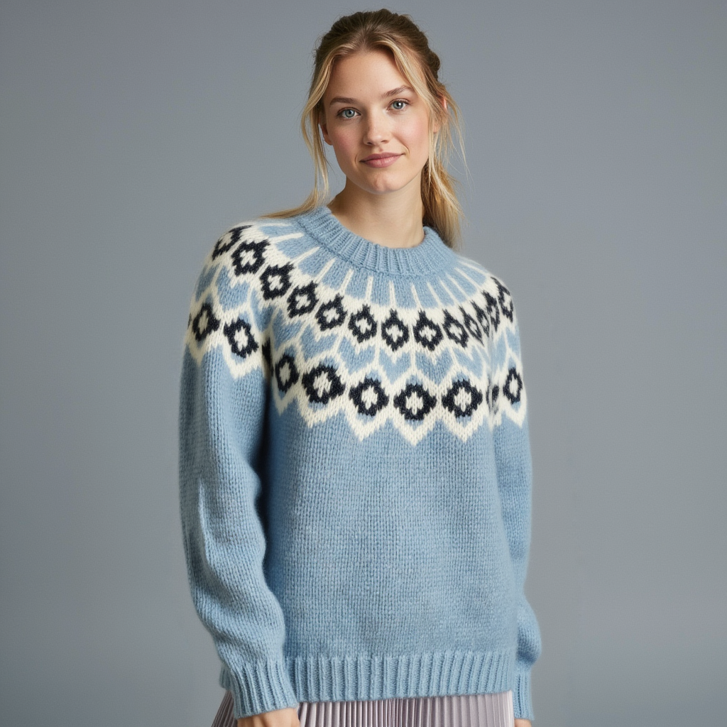 Hand-knitted light blue melange oversized unisex chunky knit Scandinavian sweater Lopapeysa Fair Isle with a white and navy Nordic round yoke, featuring a double collar, ribbed hem, and cuffs in light blue, made from soft hypoallergenic baby alpaca and extrafine merino wool.
