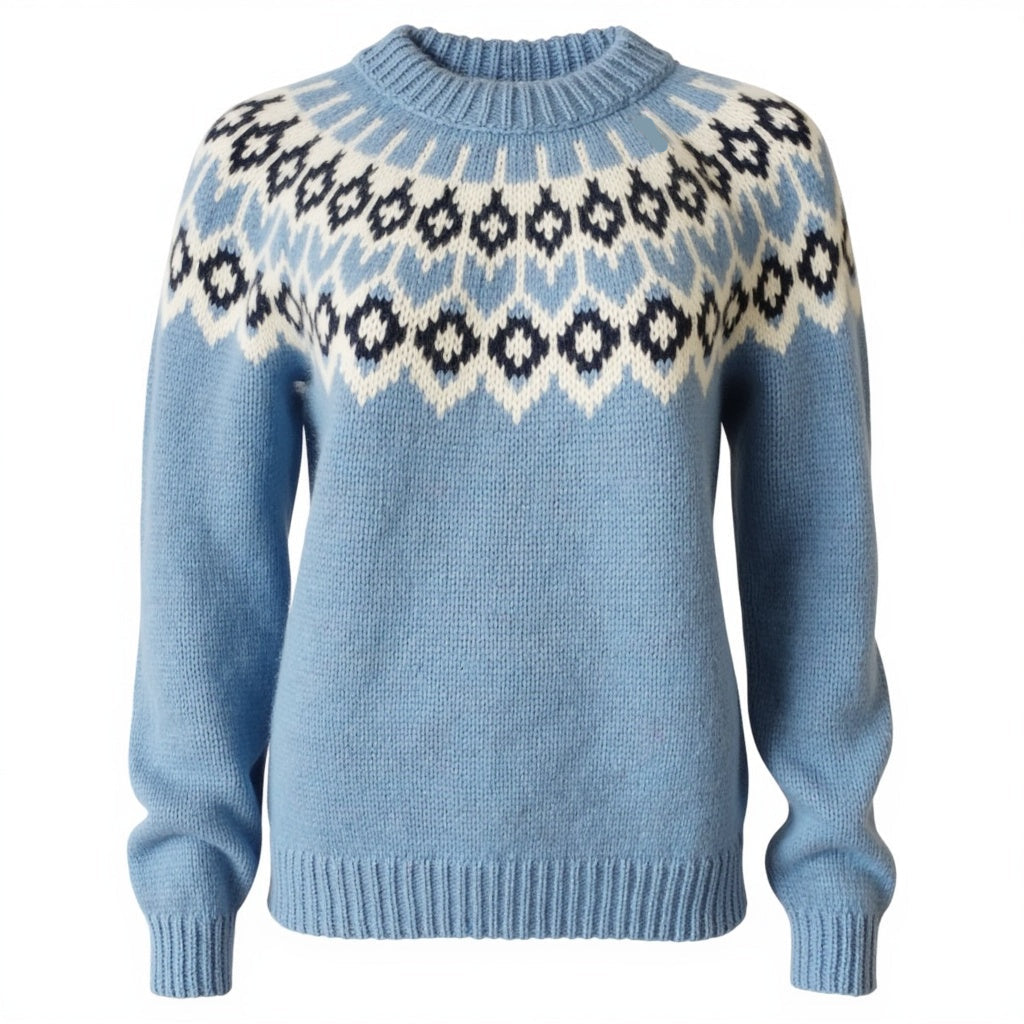 Hand-knitted light blue melange oversized unisex chunky knit Scandinavian sweater Lopapeysa Fair Isle with a white and navy Nordic round yoke, featuring a double collar, ribbed hem, and cuffs in light blue, made from soft hypoallergenic baby alpaca and extrafine merino wool.