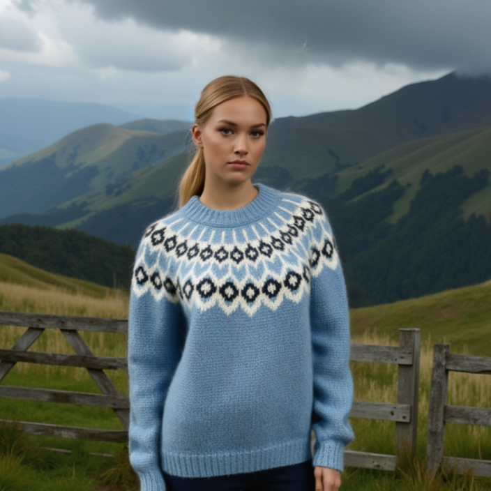 Hand-knitted light blue melange oversized unisex chunky knit Scandinavian sweater Lopapeysa Fair Isle with a white and navy Nordic round yoke, featuring a double collar, ribbed hem, and cuffs in light blue, made from soft hypoallergenic baby alpaca and extrafine merino wool.