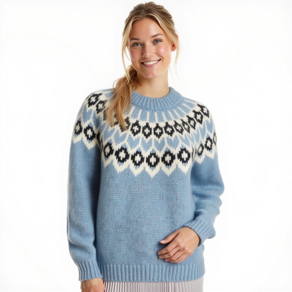 Hand-knitted light blue melange oversized unisex chunky knit Scandinavian sweater Lopapeysa Fair Isle with a white and navy Nordic round yoke, featuring a double collar, ribbed hem, and cuffs in light blue, made from soft hypoallergenic baby alpaca and extrafine merino wool.
