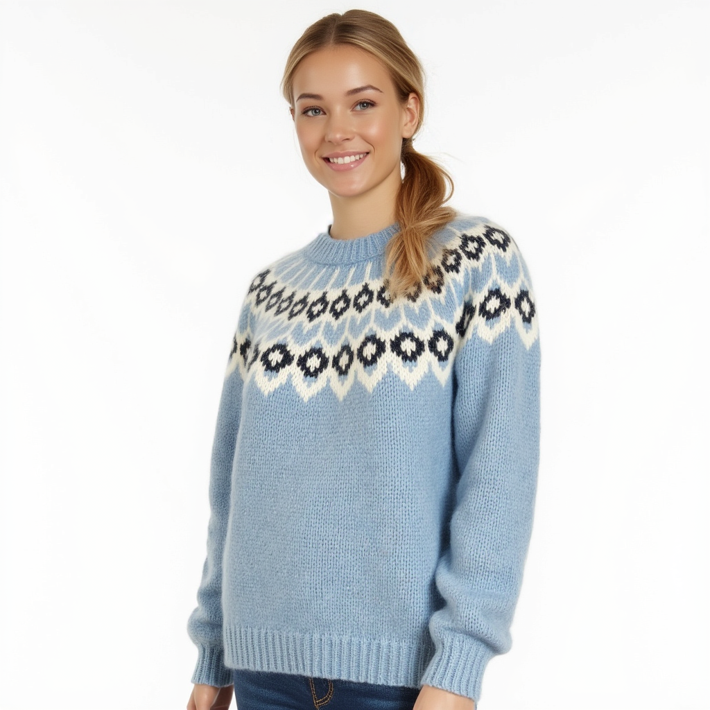 Hand-knitted light blue melange oversized unisex chunky knit Scandinavian sweater Lopapeysa Fair Isle with a white and navy Nordic round yoke, featuring a double collar, ribbed hem, and cuffs in light blue, made from soft hypoallergenic baby alpaca and extrafine merino wool.