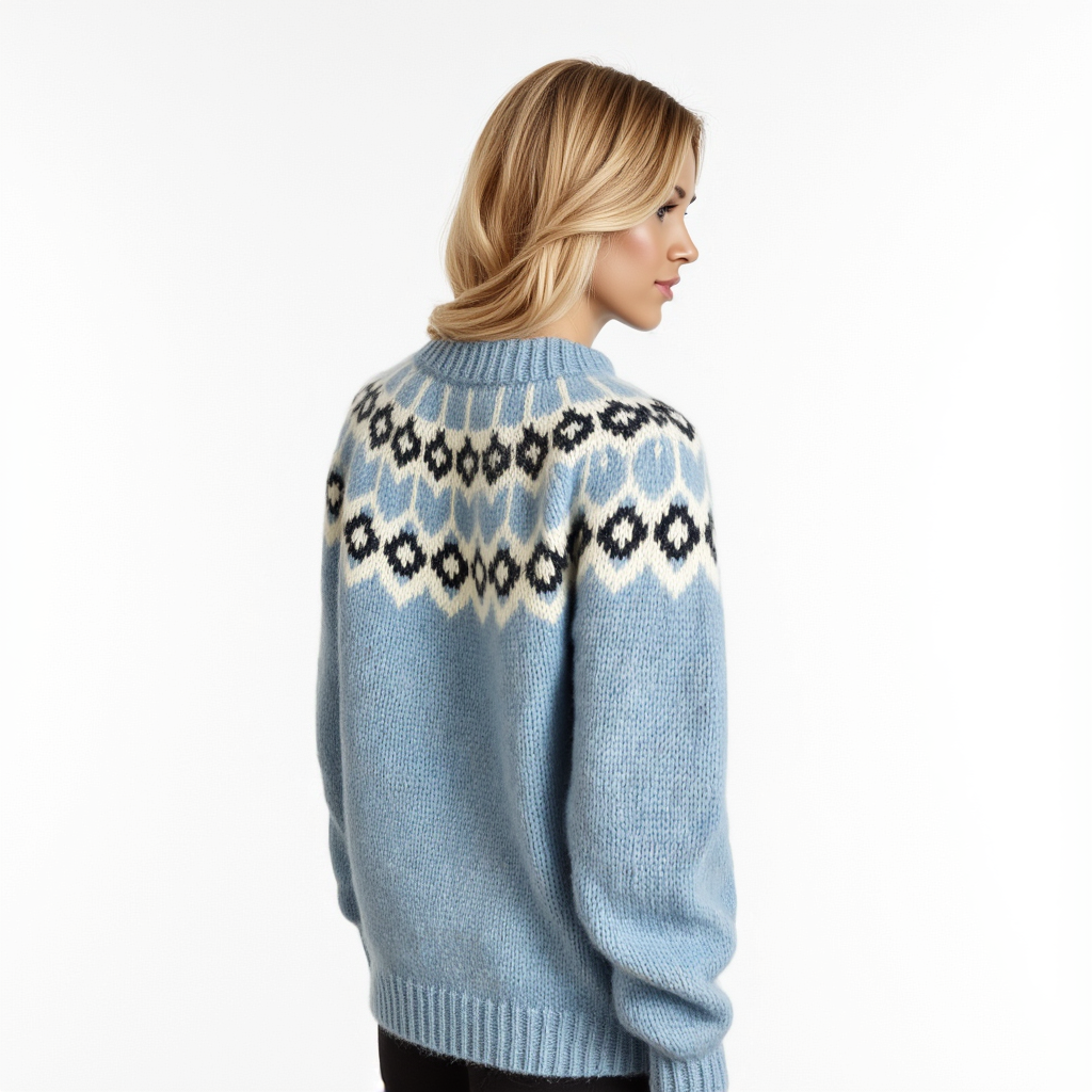 Hand-knitted light blue melange oversized unisex chunky knit Scandinavian sweater Lopapeysa Fair Isle with a white and navy Nordic round yoke, featuring a double collar, ribbed hem, and cuffs in light blue, made from soft hypoallergenic baby alpaca and extrafine merino wool.