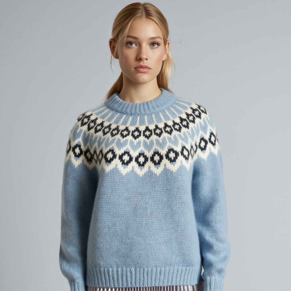 Hand-knitted light blue melange oversized unisex chunky knit Scandinavian sweater Lopapeysa Fair Isle with a white and navy Nordic round yoke, featuring a double collar, ribbed hem, and cuffs in light blue, made from soft hypoallergenic baby alpaca and extrafine merino wool.