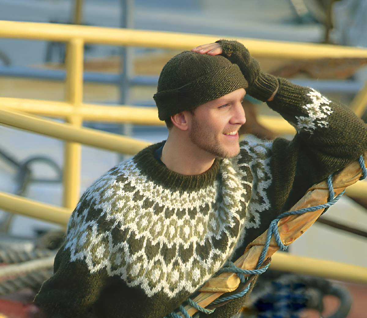Hand-knitted olive green oversized unisex chunky knit Scandinavian sweater Lopapeysa Fair Isle with a cream and mustard Nordic round yoke, featuring a double collar, ribbed hem, and cuffs in olive, made from soft hypoallergenic baby alpaca and extrafine merino wool.