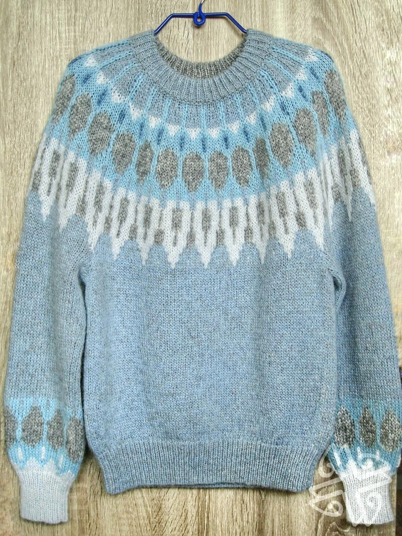 Hand-knitted women’s Scandinavian Lopapeysa sweater in Denim, featuring a harmonizing Gray & Blue Nordic round yoke, with ribbed hem, cuffs, and double crew collar in denim, made from soft hypoallergenic baby alpaca and merino wool.
