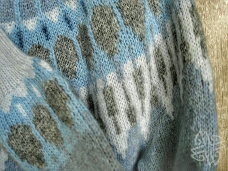 Hand-knitted women’s Scandinavian Lopapeysa sweater in Denim, featuring a harmonizing Gray & Blue Nordic round yoke, with ribbed hem, cuffs, and double crew collar in denim, made from soft hypoallergenic baby alpaca and merino wool.