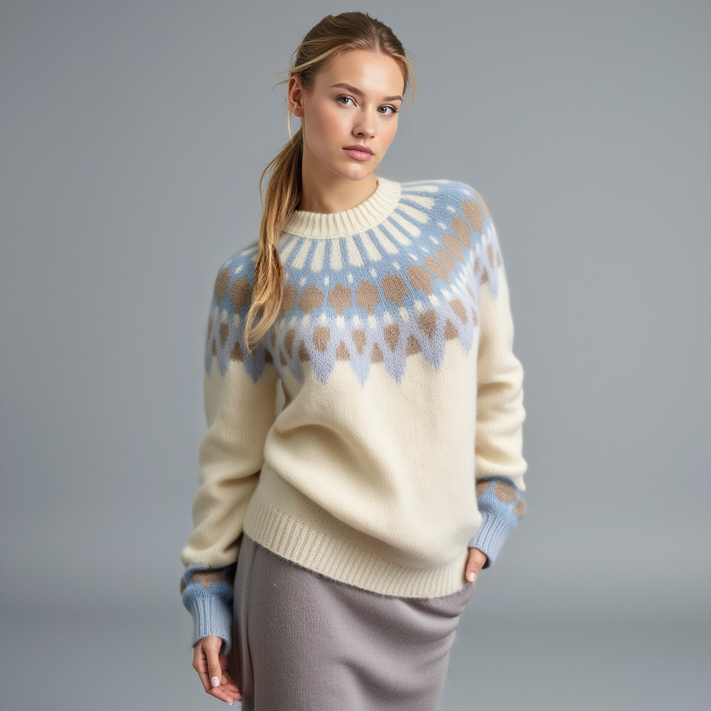 Hand-knitted women’s Scandinavian Lopapeysa sweater in Off-White, featuring a harmonizing Beige & Light Blue Nordic round yoke, with ribbed hem, cuffs, and double crew collar in white, made from soft hypoallergenic baby alpaca and merino wool.
