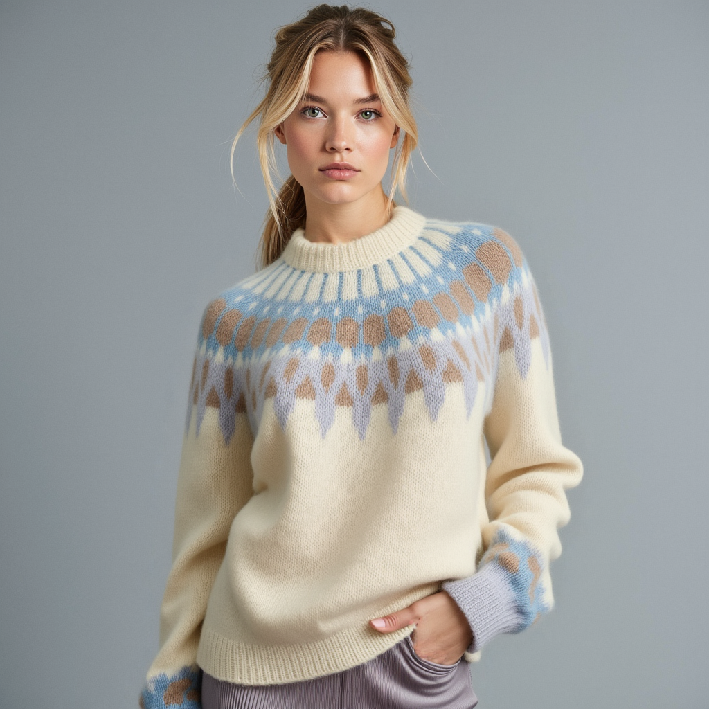 Hand-knitted women’s Scandinavian Lopapeysa sweater in Off-White, featuring a harmonizing Beige & Light Blue Nordic round yoke, with ribbed hem, cuffs, and double crew collar in white, made from soft hypoallergenic baby alpaca and merino wool.