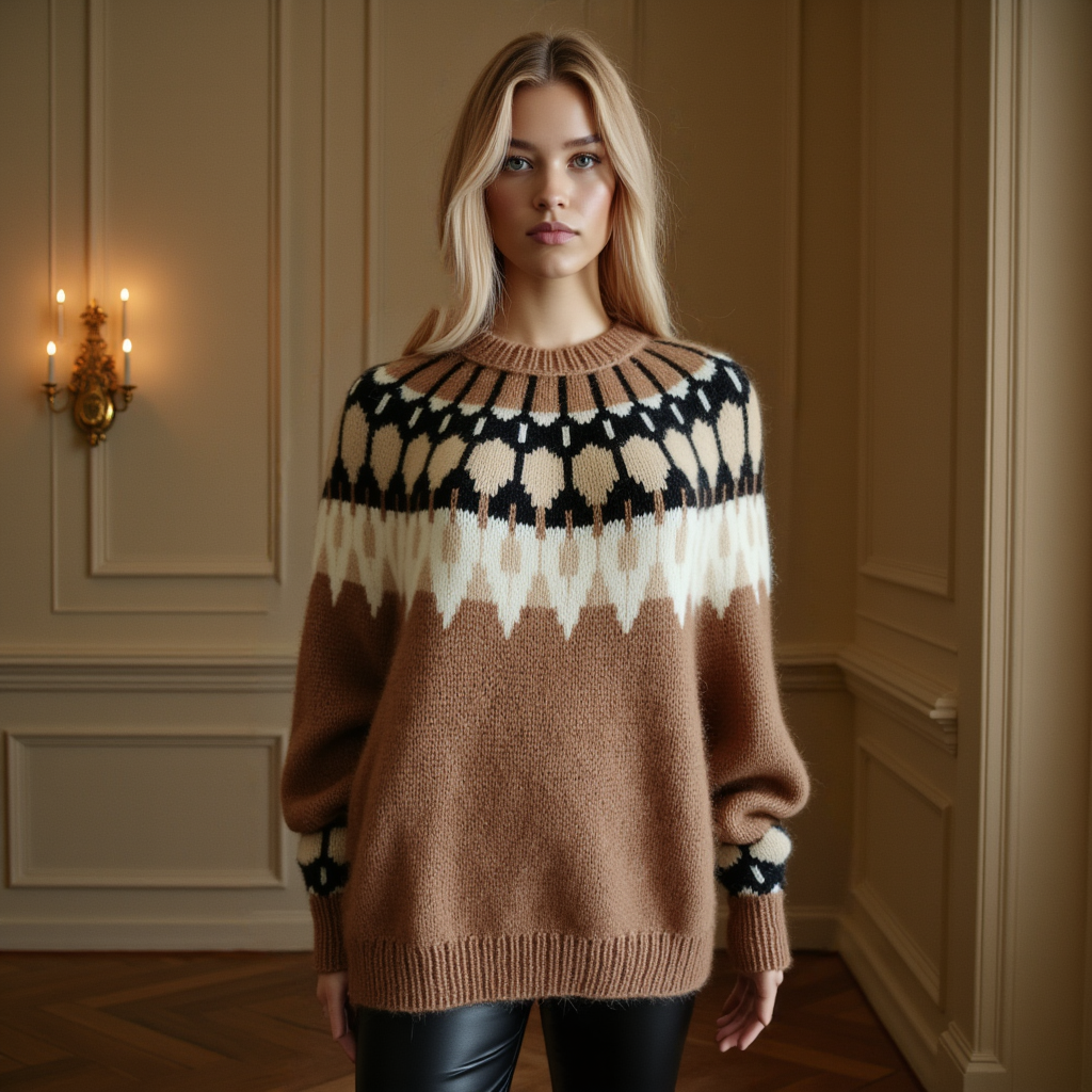 Hand-knitted women’s Scandinavian Lopapeysa sweater in brown Cappuccino, featuring a harmonizing White & Black Nordic round yoke, with ribbed hem, cuffs, and double crew collar in brown, made from soft hypoallergenic baby alpaca and merino wool.