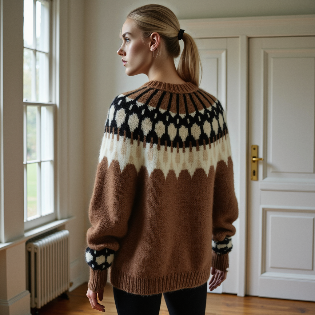 Hand-knitted women’s Scandinavian Lopapeysa sweater in brown Cappuccino, featuring a harmonizing White & Black Nordic round yoke, with ribbed hem, cuffs, and double crew collar in brown, made from soft hypoallergenic baby alpaca and merino wool.