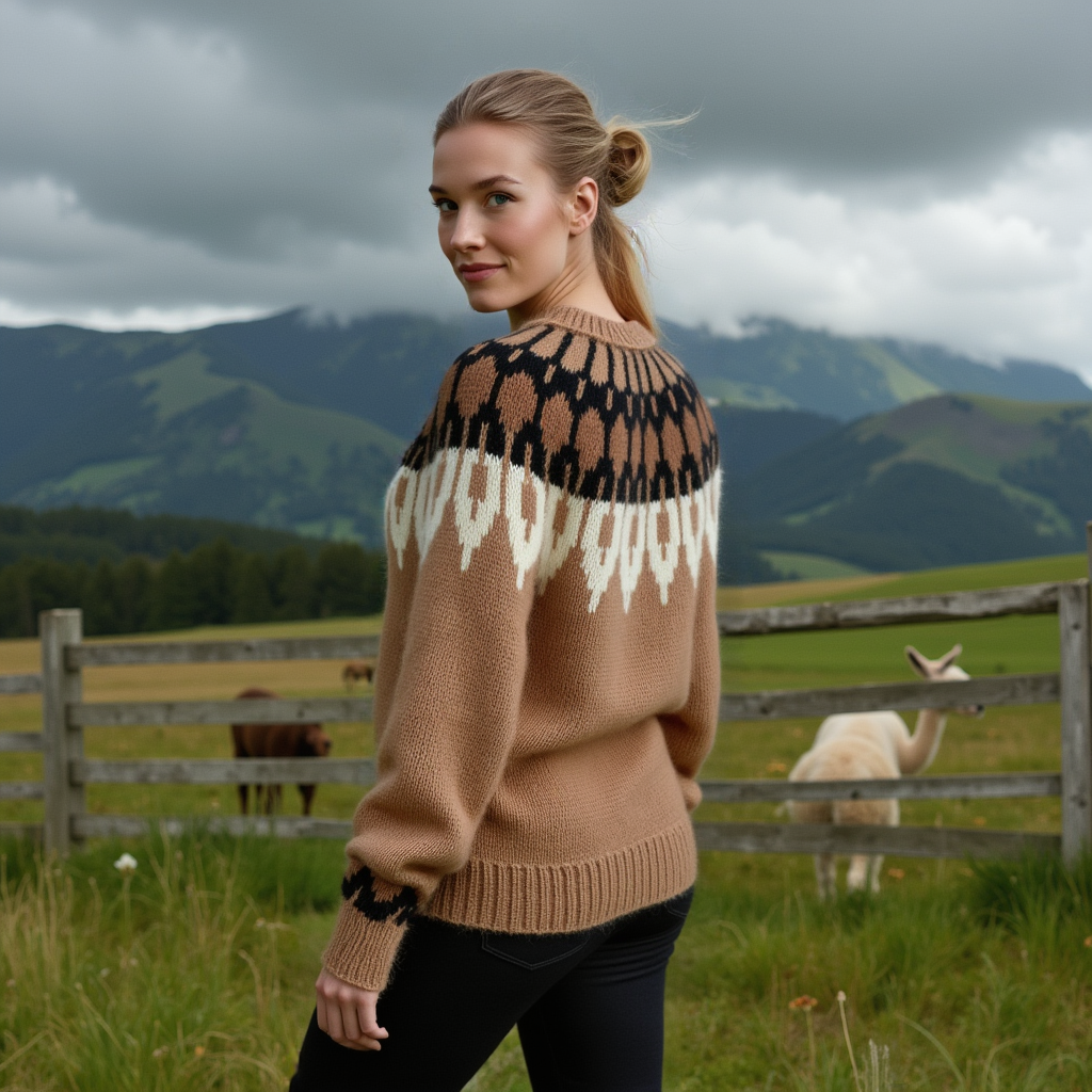 Hand-knitted women’s Scandinavian Lopapeysa sweater in brown tan, featuring a harmonizing White & Black Nordic round yoke, with ribbed hem, cuffs, and double crew collar in brown, made from soft hypoallergenic baby alpaca and merino wool.