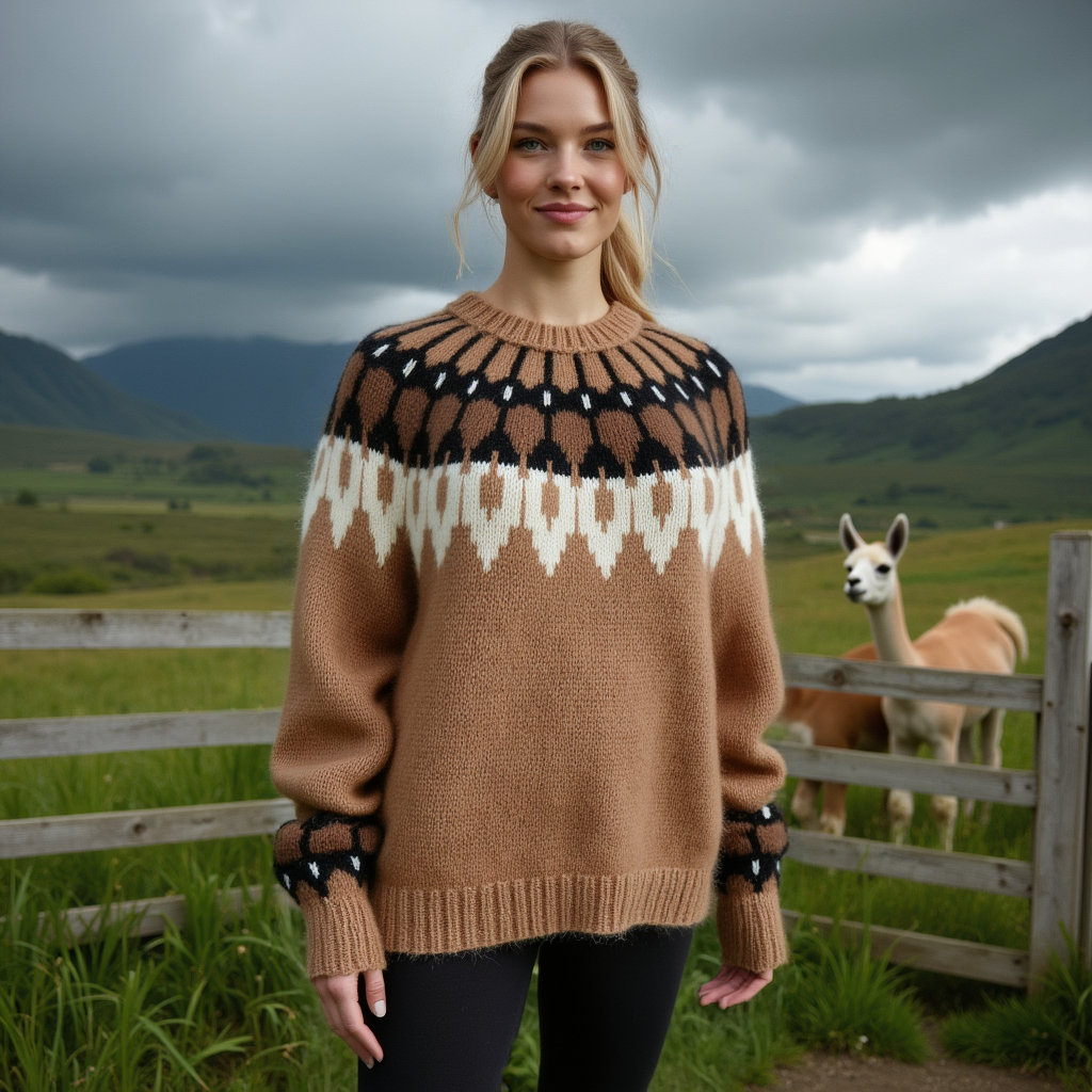 Hand-knitted women’s Scandinavian Lopapeysa sweater in brown tan, featuring a harmonizing White & Black Nordic round yoke, with ribbed hem, cuffs, and double crew collar in brown, made from soft hypoallergenic baby alpaca and merino wool.