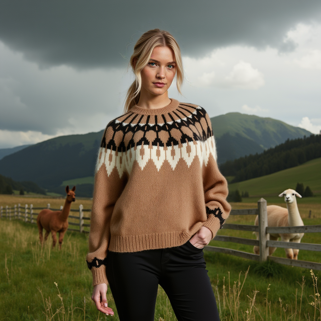 Hand-knitted women’s Scandinavian Lopapeysa sweater in brown tan, featuring a harmonizing White & Black Nordic round yoke, with ribbed hem, cuffs, and double crew collar in brown, made from soft hypoallergenic baby alpaca and merino wool.