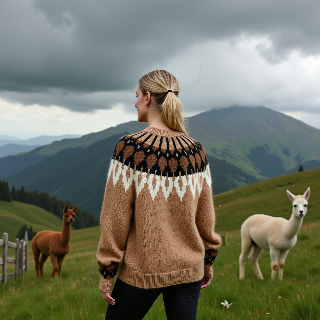 Hand-knitted women’s Scandinavian Lopapeysa sweater in brown tan, featuring a harmonizing White & Black Nordic round yoke, with ribbed hem, cuffs, and double crew collar in brown, made from soft hypoallergenic baby alpaca and merino wool.