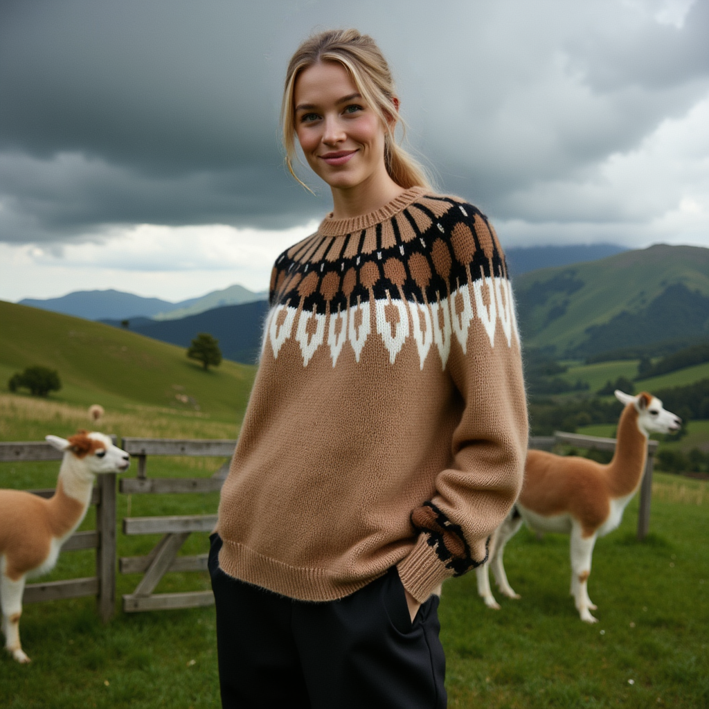 Hand-knitted women’s Scandinavian Lopapeysa sweater in brown tan, featuring a harmonizing White & Black Nordic round yoke, with ribbed hem, cuffs, and double crew collar in brown, made from soft hypoallergenic baby alpaca and merino wool.