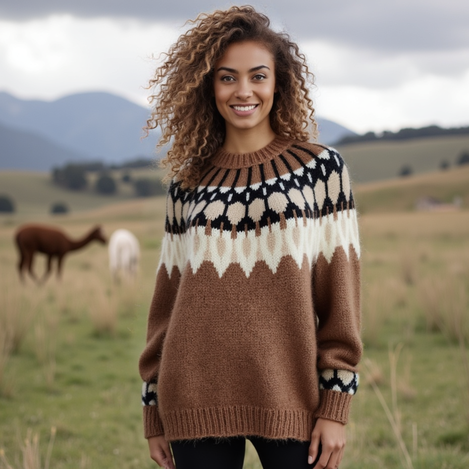 Hand-knitted women’s Scandinavian Lopapeysa sweater in brown Cappuccino, featuring a harmonizing White & Black Nordic round yoke, with ribbed hem, cuffs, and double crew collar in brown, made from soft hypoallergenic baby alpaca and merino wool.