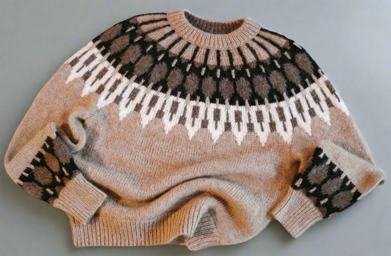 Hand-knitted women’s Scandinavian Lopapeysa sweater in brown tan, featuring a harmonizing White & Black Nordic round yoke, with ribbed hem, cuffs, and double crew collar in brown, made from soft hypoallergenic baby alpaca and merino wool.