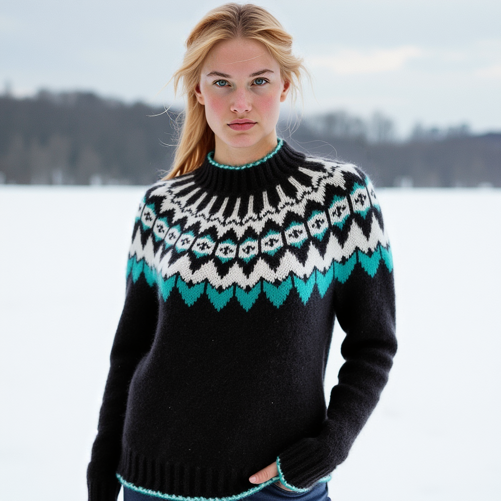 Hand-knitted dark marengo unisex Scandinavian Lopapeysa sweater with a thick-knit white and teal green Nordic round yoke, featuring a double mock collar, cuffs, and hem with a two-tone white-teal knitted cord, made from soft hypoallergenic baby alpaca and merino wool.