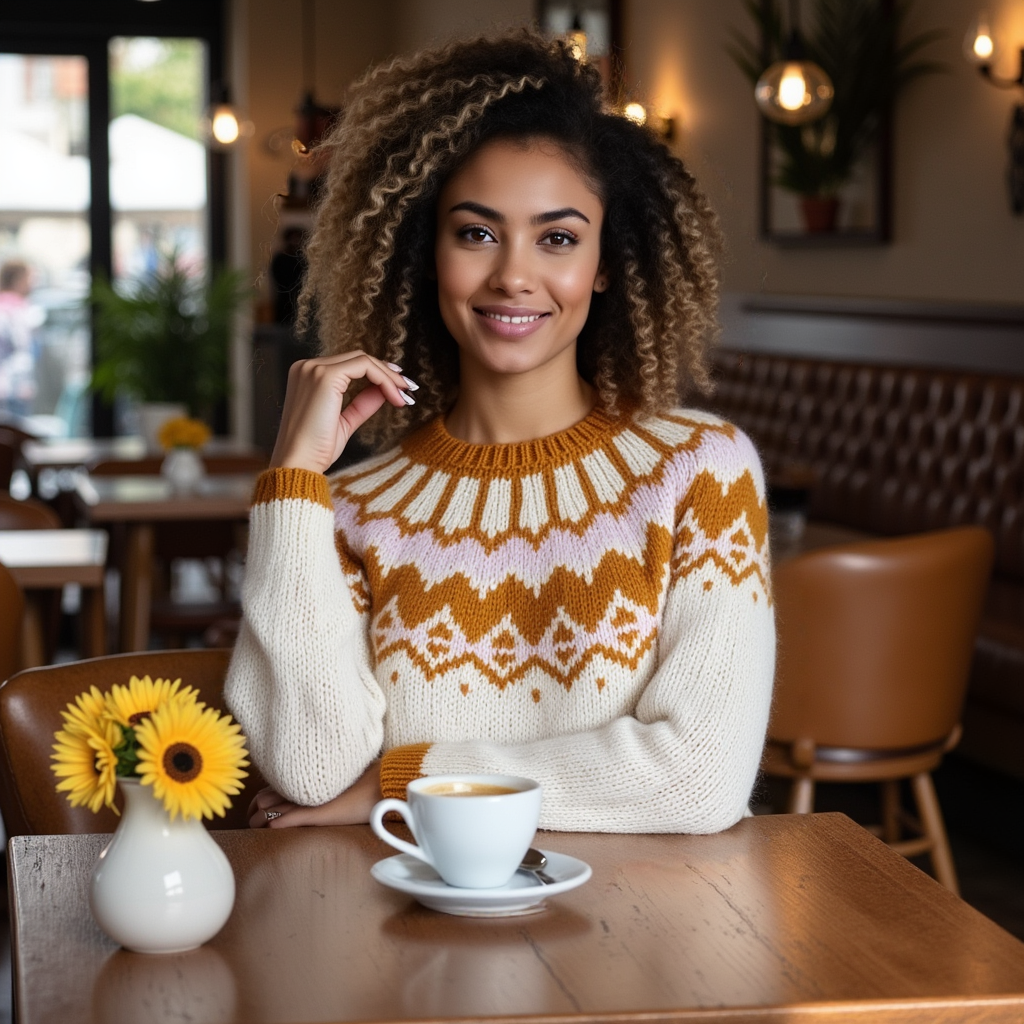 Hand-knitted creamy white Scandinavian Lopapeysa sweater with a Nordic round yoke in orange and light rose, featuring orange ribbed cuffs, collar, made from soft hypoallergenic baby alpaca and merino wool.