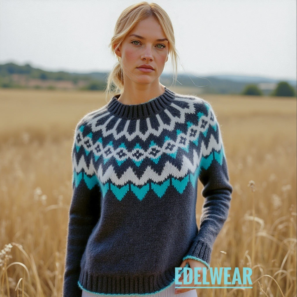 Hand-knitted gray unisex Scandinavian Lopapeysa sweater with a thick-knit white and teal green Nordic round yoke, featuring a double mock collar, cuffs, and hem with a two-tone white-teal knitted cord, made from soft hypoallergenic baby alpaca and merino wool.