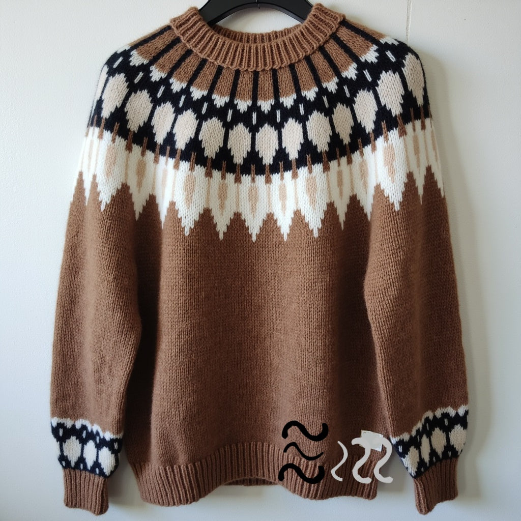 Hand-knitted women’s Scandinavian Lopapeysa sweater in brown Cappuccino, featuring a harmonizing White & Black Nordic round yoke, with ribbed hem, cuffs, and double crew collar in brown, made from soft hypoallergenic baby alpaca and merino wool.