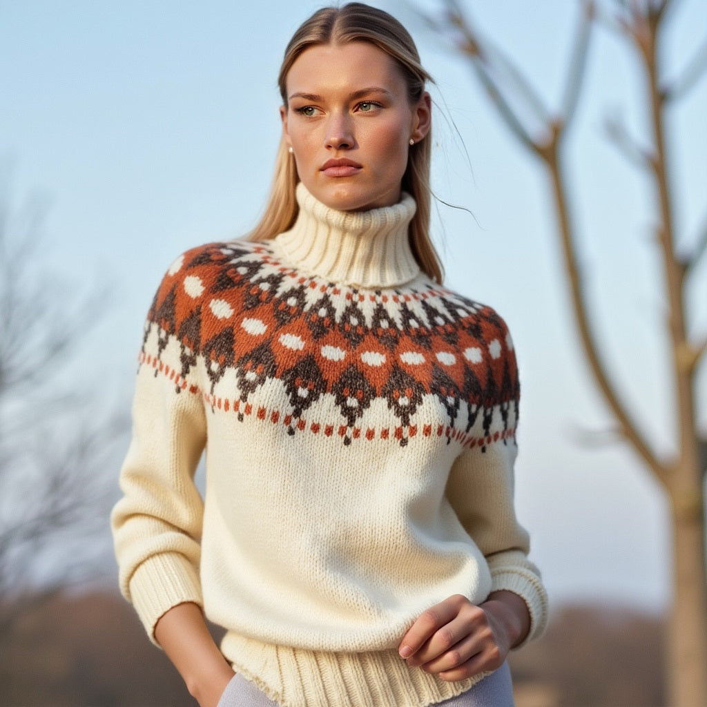 Norwegian Ivory womens Lopapeysa sweater Fair Isle turtleneck with Nordic style circular patterned yoke hand knitted of Baby Alpaca Merino wool blend by EdelWear