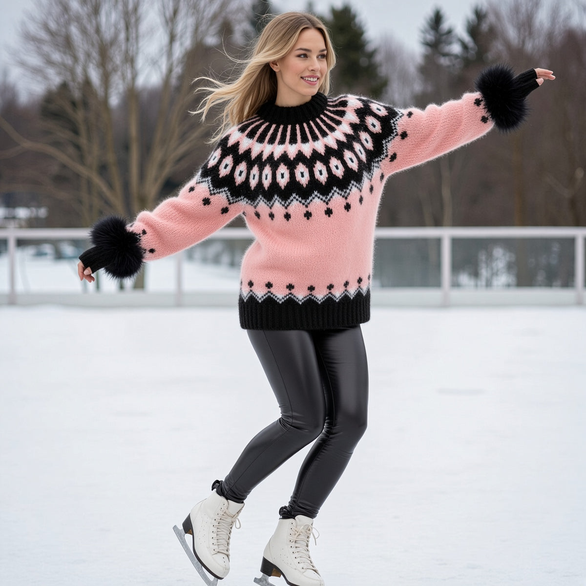A woman ice skating outdoors on a frozen rink, wearing a pink Fair Isle knit sweater with black and white patterns, black faux-fur trimmed cuffs, black leggings, and white ice skates.