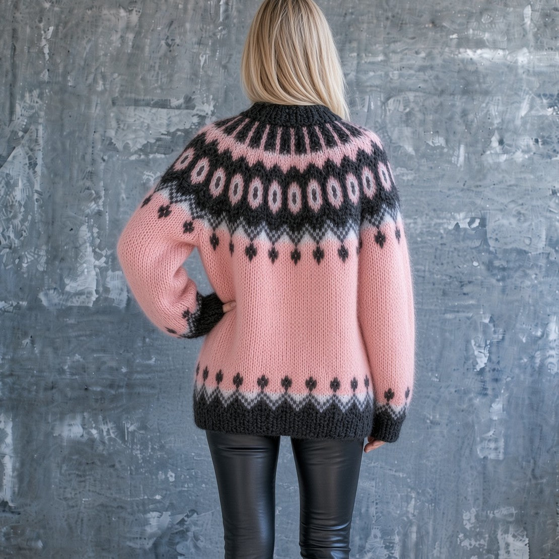 A woman viewed from behind wearing a pink and black hand-knit sweater with a Fair Isle pattern, paired with black leather pants, standing against a textured gray concrete wall.
