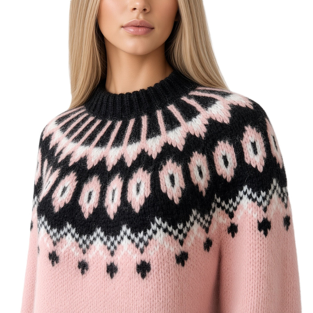 A close-up of a woman wearing a pink and black knit sweater with a Fair Isle pattern. The sweater features a black ribbed crew neck and a patterned yoke in black, light pink, and white, with a solid light pink lower body.