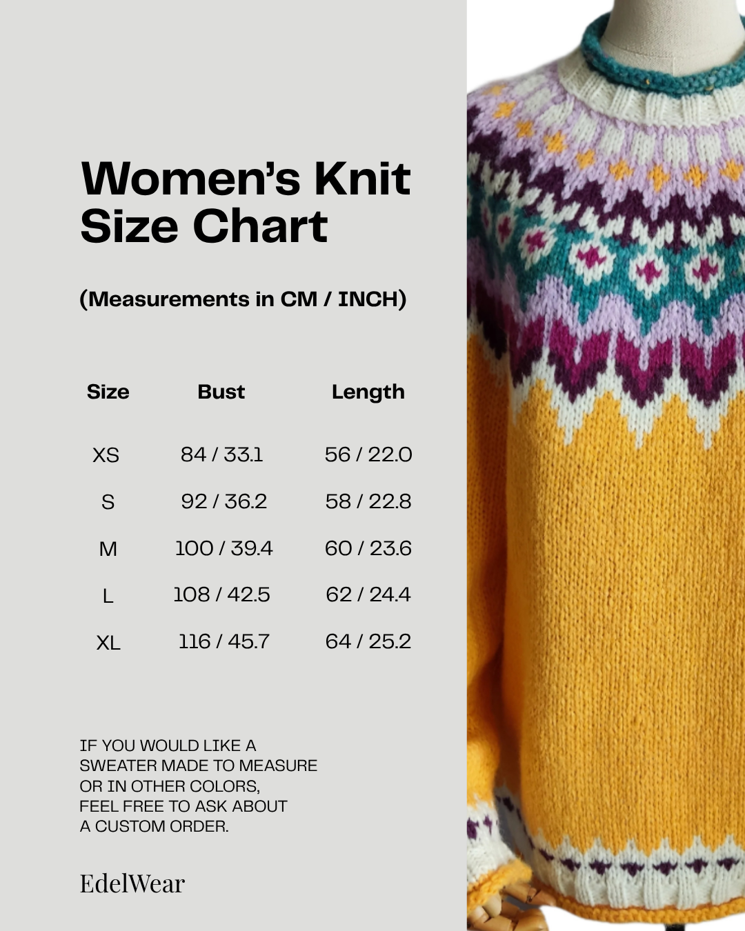 A women's knit size chart graphic for EdelWear, showing a measurement table with sizes XS through XL, bust measurements in cm and inches, and length measurements. The right side shows a close-up of a knitted sweater with a multicolor Fair Isle pattern on a yellow base.
