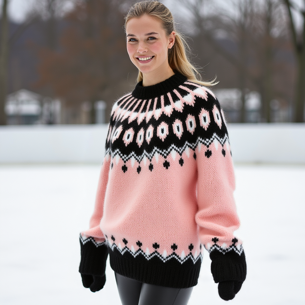 Hand-knitted gentle rose pink fluffy women’s oversized Scandinavian Lopapeysa sweater with a black and white Nordic round yoke, featuring black ribbed cuffs, collar, and hem, made from soft hypoallergenic baby alpaca, merino wool, and kid mohair.