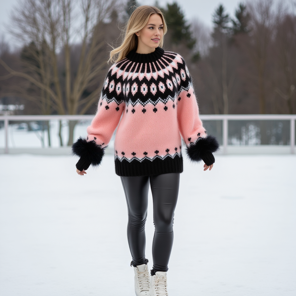 Hand-knitted gentle rose pink fluffy women’s oversized Scandinavian Lopapeysa sweater with a black and white Nordic round yoke, featuring black ribbed cuffs, collar, and hem, made from soft hypoallergenic baby alpaca, merino wool, and kid mohair.