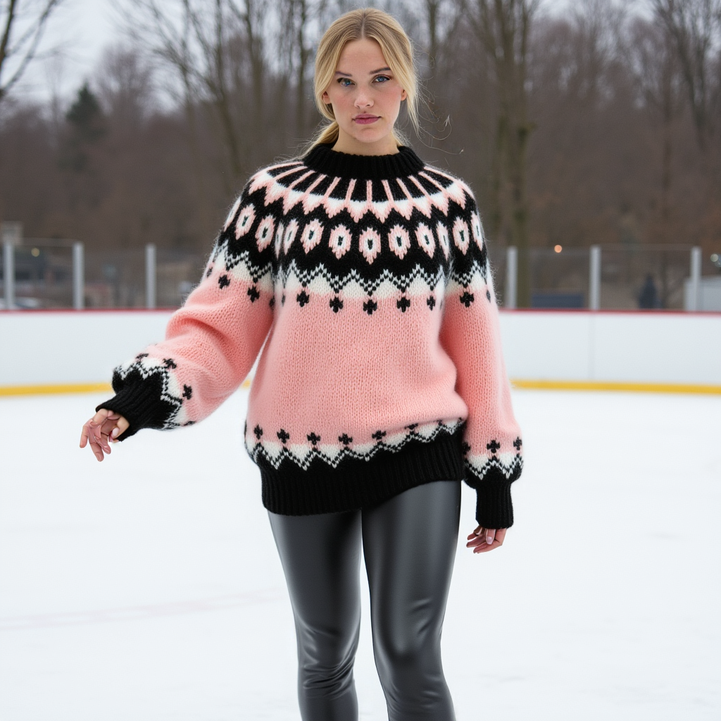 Hand-knitted gentle rose pink fluffy women’s oversized Scandinavian Lopapeysa sweater with a black and white Nordic round yoke, featuring black ribbed cuffs, collar, and hem, made from soft hypoallergenic baby alpaca, merino wool, and kid mohair.
