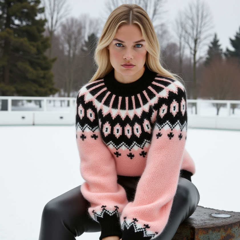 Hand-knitted gentle rose pink fluffy women’s oversized Scandinavian Lopapeysa sweater with a black and white Nordic round yoke, featuring black ribbed cuffs, collar, and hem, made from soft hypoallergenic baby alpaca, merino wool, and kid mohair.