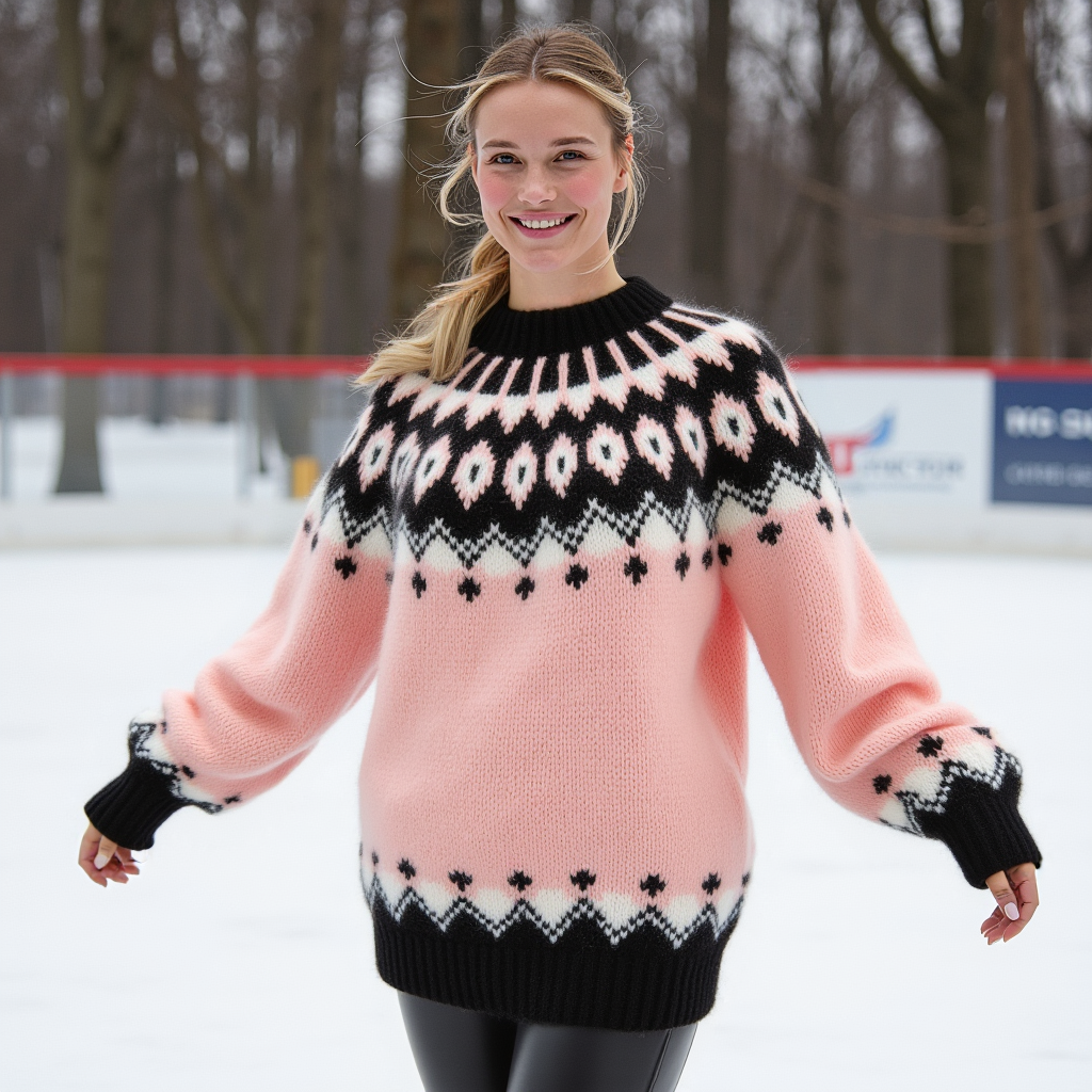 Hand-knitted gentle rose pink fluffy women’s oversized Scandinavian Lopapeysa sweater with a black and white Nordic round yoke, featuring black ribbed cuffs, collar, and hem, made from soft hypoallergenic baby alpaca, merino wool, and kid mohair.