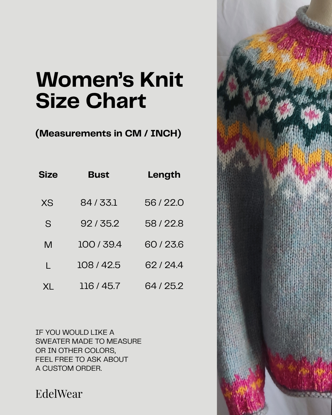 A women's knit sweater size chart graphic from EdelWear, showing measurements in CM and INCH for sizes XS through XL, alongside a close-up photo of a knitted sweater with a multicolor Fair Isle pattern.