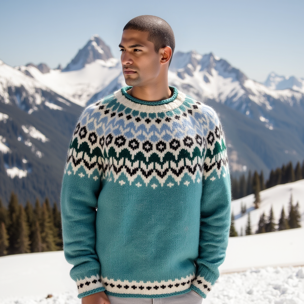 Green Teal Green Nordic sweater Fair Isle adults unisex with circular patterned yoke in Black and White hand knitted of Baby Alpaca Merino wool bend by EdelWear